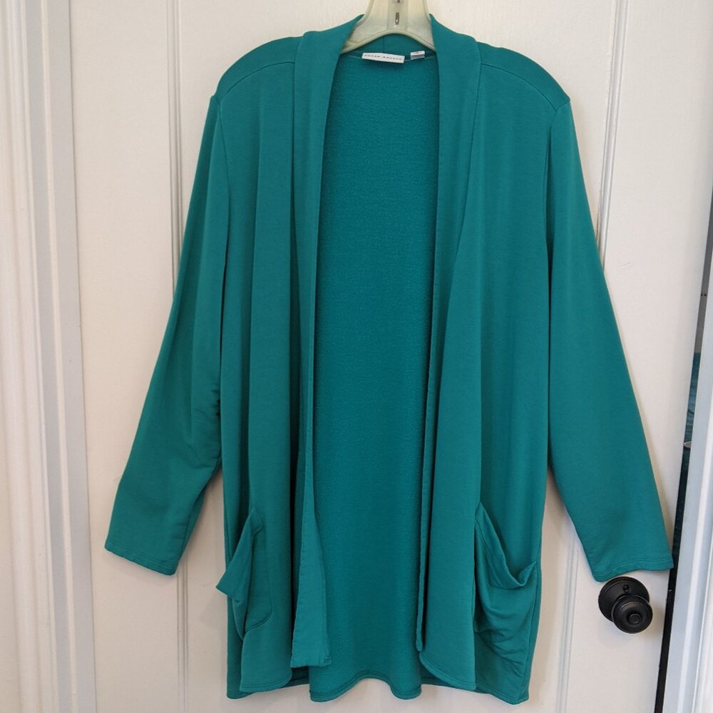 Susan Graver 1X Green Knit Open Front Cardigan Sweater Women's